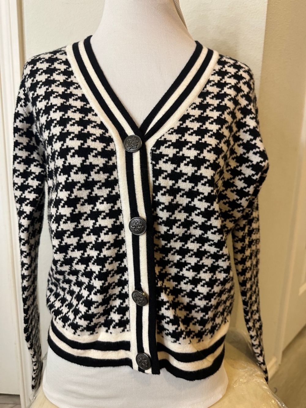 Cyrus Black and White Houndstooth V-Neck Cardigan